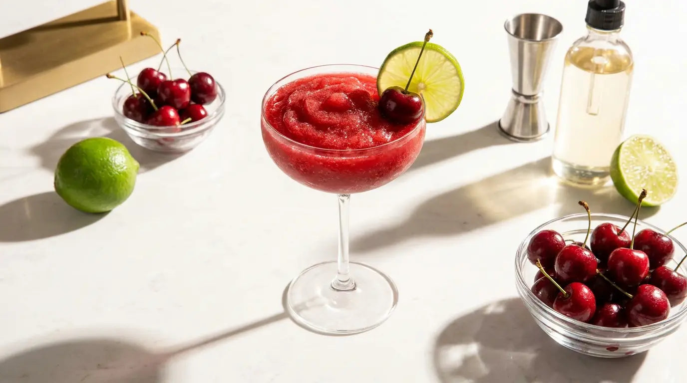 Frozen cherry lime rum slush cocktail in a chilled coupe glass with fresh cherry and lime wheel garnish