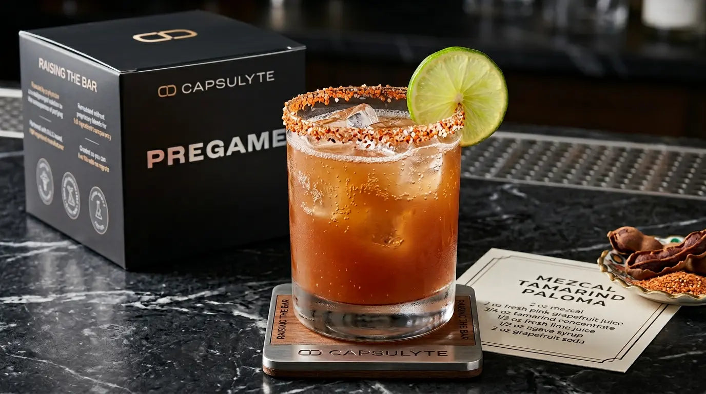 Smoky tamarind Paloma cocktail in a Collins glass with Tajin-salt rim and lime wheel garnish