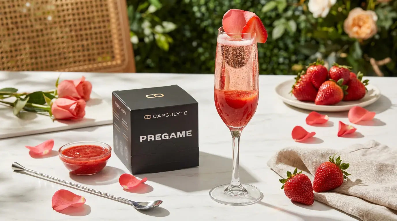 Strawberry rose Bellini in a chilled champagne flute with edible rose petal garnish on a brunch table