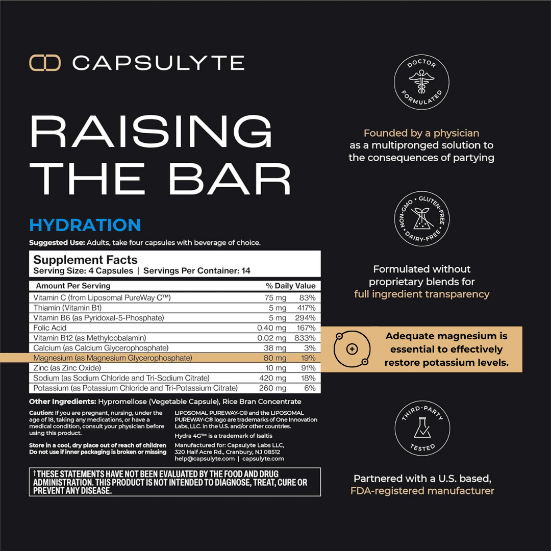 Capsulyte 'Raising the Bar' product information sheet highlighting supplement facts, key ingredients like magnesium, and product features including physician formulation, transparency, and third-party testing. Designed to support hydration and hangover prevention.