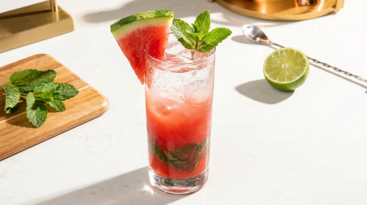 Watermelon electrolyte mocktail in a tall glass with watermelon wedge and fresh mint sprig garnish