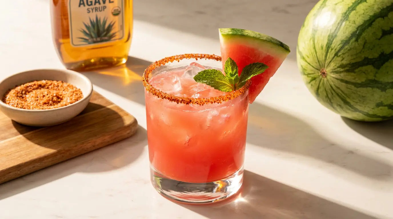Watermelon mint margarita cocktail in a Tajin-salt rimmed glass with watermelon wedge and fresh mint sprig garnish