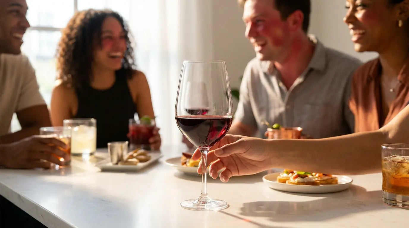 A glass of red wine on a clean white surface in soft daylight, illustrating the social drinking context where alcohol flush reaction can occur.