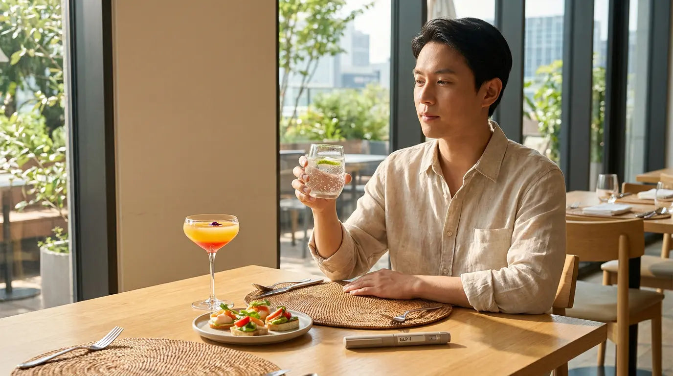Person holding sparkling water at a restaurant table with a GLP-1 medication pen and cocktail nearby.