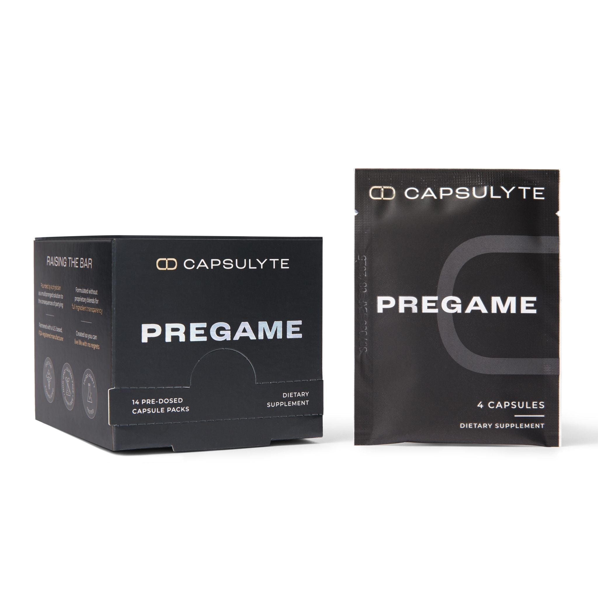 Capsulyte Pregame dietary supplement packaging, featuring a black box with 14 pre-dosed capsule packs and a sachet with 4 capsules. Formulated with DHM, NAC, Siliphos®, and Clovinol® to support the body's natural defenses and prevent hangover symptoms after drinking.