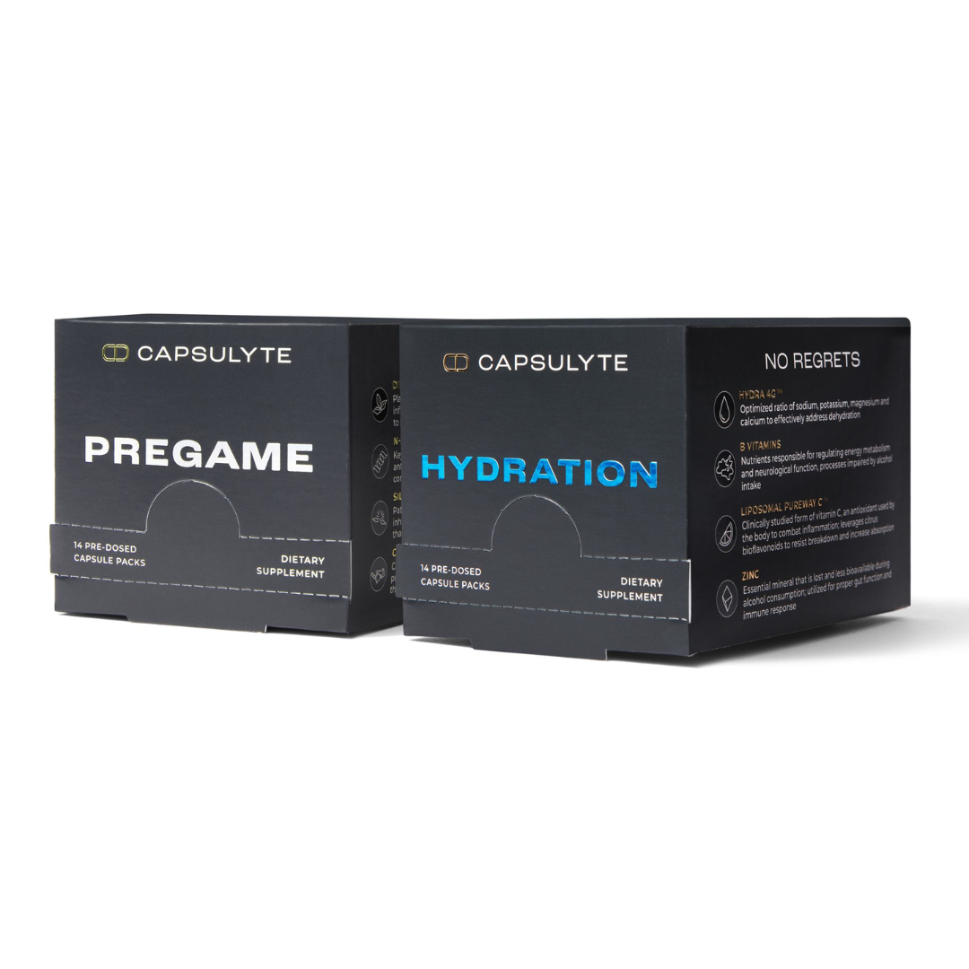 Capsulyte Pregame and Hydration dietary supplement boxes, each containing 14 pre-dosed capsule packs. Pregame supports hangover prevention, while Hydration helps maintain optimal hydration levels for recovery.