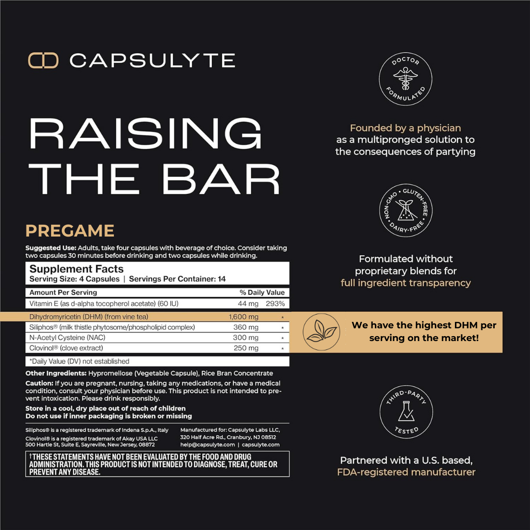 Capsulyte Pregame product information sheet detailing supplement facts, including high-dose DHM, Siliphos®, NAC, and Clovinol®. Highlights the product’s formulation by a physician, transparency, and third-party testing. Designed to prevent hangover symptoms by supporting the liver and brain's natural defenses.