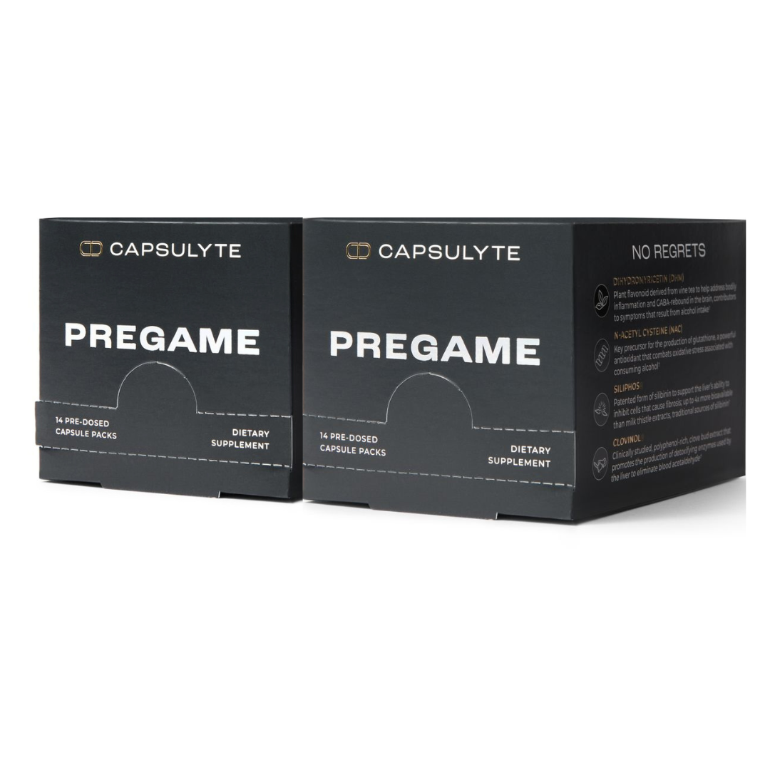 Two black boxes of Capsulyte Pregame dietary supplement, each containing 14 pre-dosed capsule packs. Designed to prevent hangover symptoms, Pregame features powerful ingredients like DHM, NAC, Siliphos®, and Clovinol® to support the body’s natural defenses after drinking.