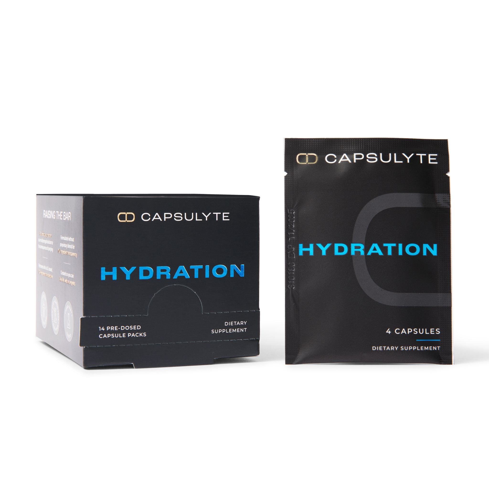 Capsulyte Hydration dietary supplement packaging, featuring a black box with 14 pre-dosed capsule packs and a black sachet with 4 capsules. Ideal for hangover prevention and hydration support.